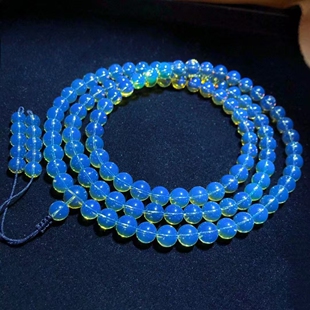 琥珀缅甸蓝珀108佛珠手链蜜蜡手串3A净水高蓝圆珠男女项链