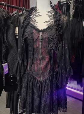 【可升级哥特】哥特女装暗黑蕾丝黑色中袖流苏装饰BW144
