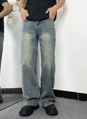 Mmel牛仔裤男微喇加绒水洗美式复古高街cleanfit宽松阔腿裤子显高