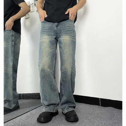 Mmel牛仔裤男微喇加绒水洗美式复古高街cleanfit宽松阔腿裤子显高