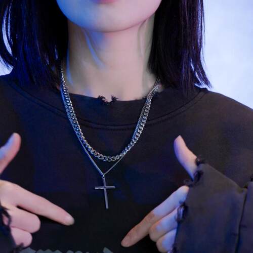 嘻哈百搭十字架钛链子古巴钢