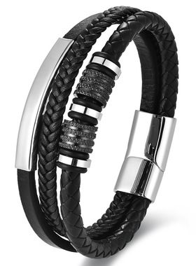 复古多层编织皮绳手链男士钛钢小众设计手环高级感百搭磁吸扣手链