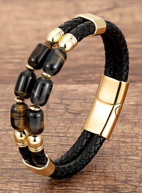 欧美风时尚虎眼石手链男士双层简约编织皮革手环饰品高颜值礼物潮
