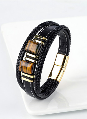 新中式国潮天然虎眼石手串多层皮绳编织手链男款高档手环高档复古