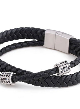 高级感黑色皮质编织手链小众设计简约潮男生情侣手饰品嘻哈钛钢绳