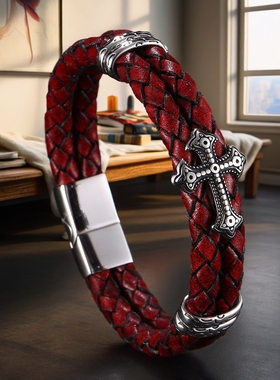 2026马年本命年十字架转运红绳男款钛钢皮质手链护身保平安去霉运