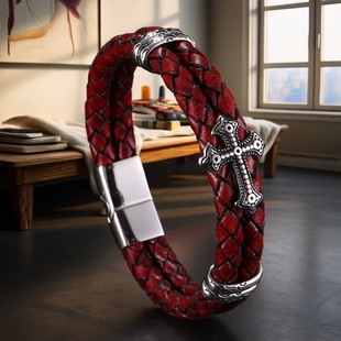 2026马年本命年十字架转运红绳男款钛钢皮质手链护身保平安去霉运