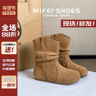 复古棕色堆堆靴女平底勃肯短靴加绒美拉德牛仔靴子大码女靴41到43