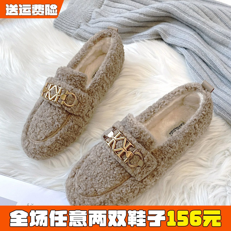 羊羔毛外穿厚底棉瓢鞋加绒豆豆鞋