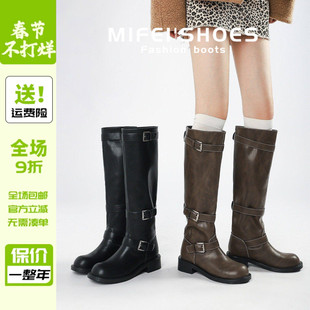 胖mm粗腿西部长筒靴女粗跟皮带扣大筒围加宽骑士靴大码长靴41到43