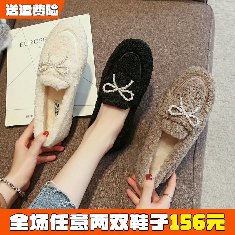 蝴蝶结毛毛鞋女冬外穿一脚蹬大码