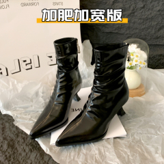高跟短靴女秋冬细跟加绒堆堆靴尖头瘦瘦靴大码女靴41到43加宽加肥