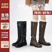 胖mm粗腿西部长筒靴女粗跟皮带扣大筒围加宽骑士靴大码 长靴41到43