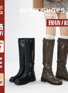 胖mm粗腿西部长筒靴女粗跟皮带扣大筒围加宽骑士靴大码长靴41到43