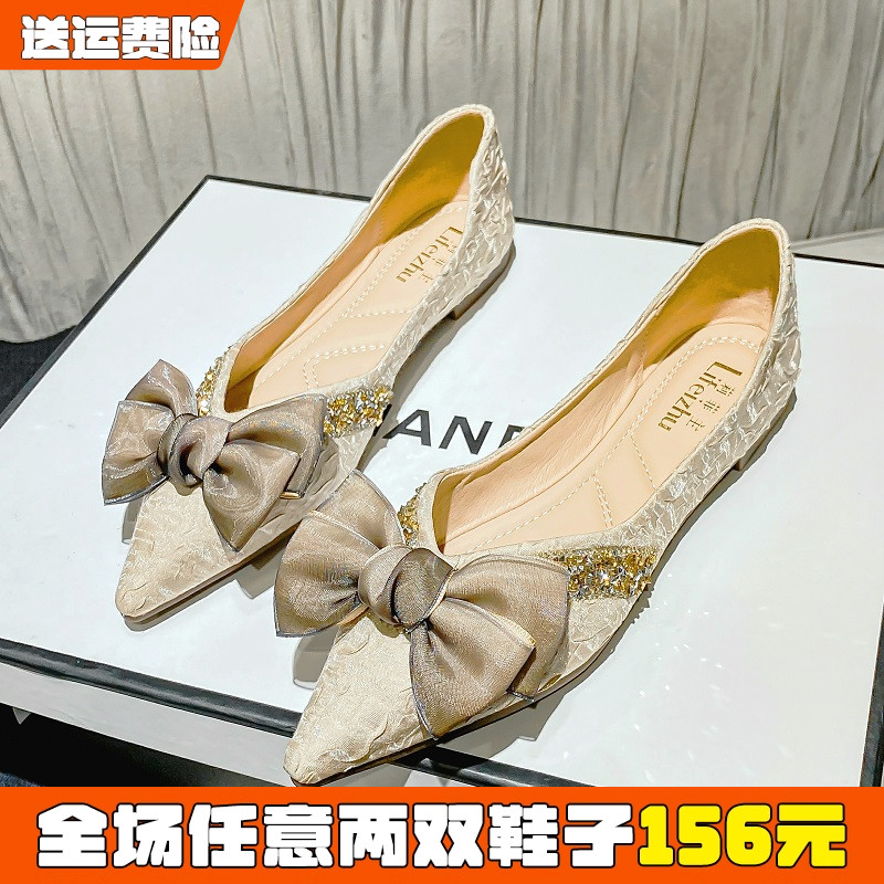 尖头蝴蝶结平底单鞋女