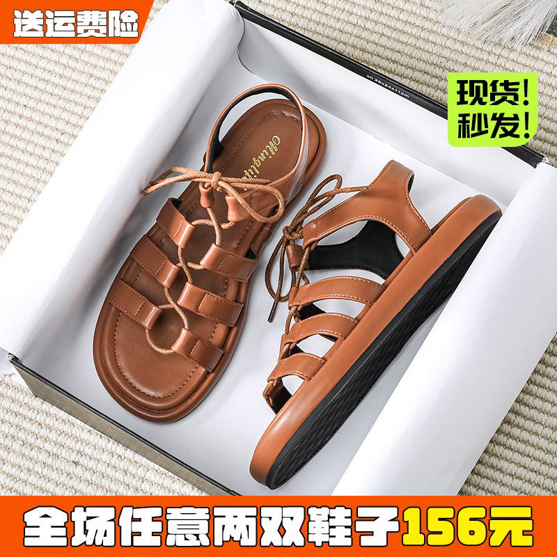 厚底罗马凉鞋女夏季2026年新款百搭法式绑带沙滩休闲鞋大码41到43