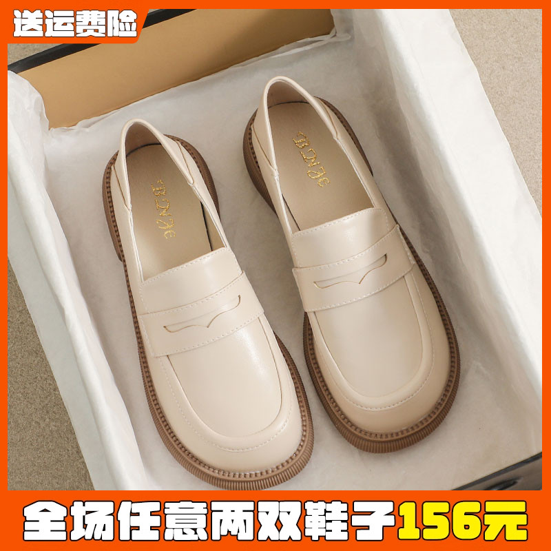 英伦小皮鞋女夏季百搭2025新款平底单鞋白色乐福鞋大码女鞋41到43