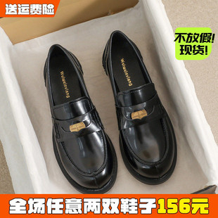 金币乐福鞋女2026春款黑色平底单鞋圆头英伦小皮鞋大码女鞋41到43