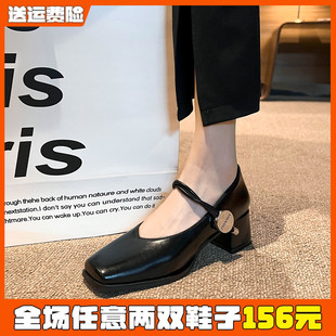 复古玛丽珍鞋 黑色小皮鞋 法式 女夏浅口粗跟单鞋 41到43 中跟大码 女鞋