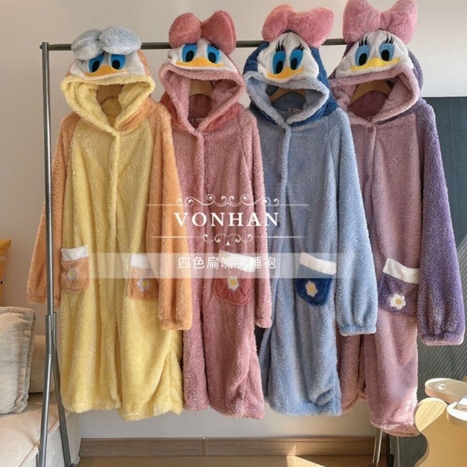 唐老鸭睡袍加绒加厚珊瑚绒睡衣女冬季长款睡裙卡通可爱浴袍家居服