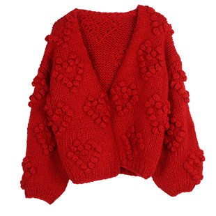 欧洲站复古风纯手工毛衣扣球爱心长袖短款女式秋冬新款毛衣外套女