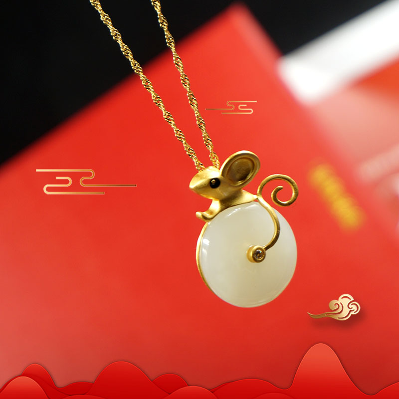 老鼠吊坠银镶玉项链鼠年生日礼物