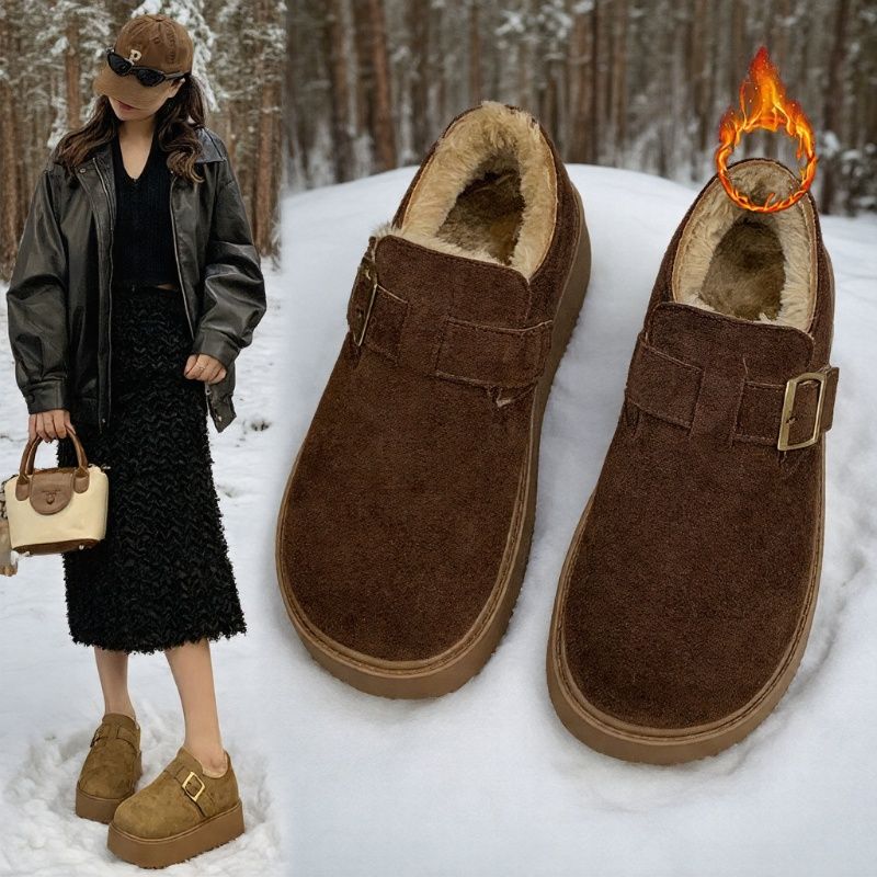 厚底加绒勃肯鞋女2025新款秋冬一脚蹬懒人鞋皮带扣雪地靴保暖棉鞋