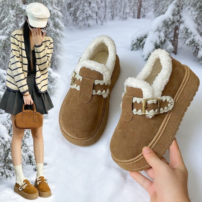 厚底雪地靴女2025新款秋冬复古花边勃肯鞋加绒加厚保暖皮带扣棉鞋