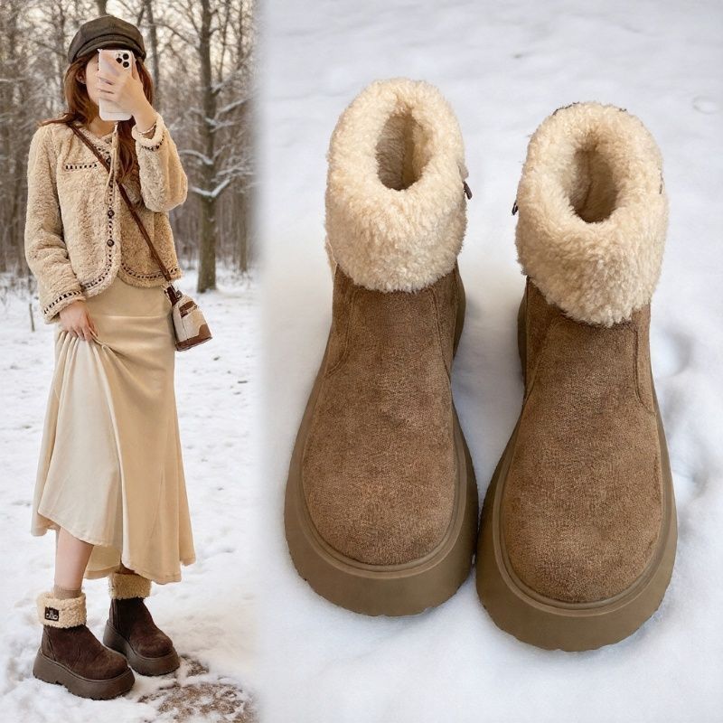 加绒勃肯雪地靴女2025冬季小码34厚底翻边羊羔毛保暖防滑毛毛短靴