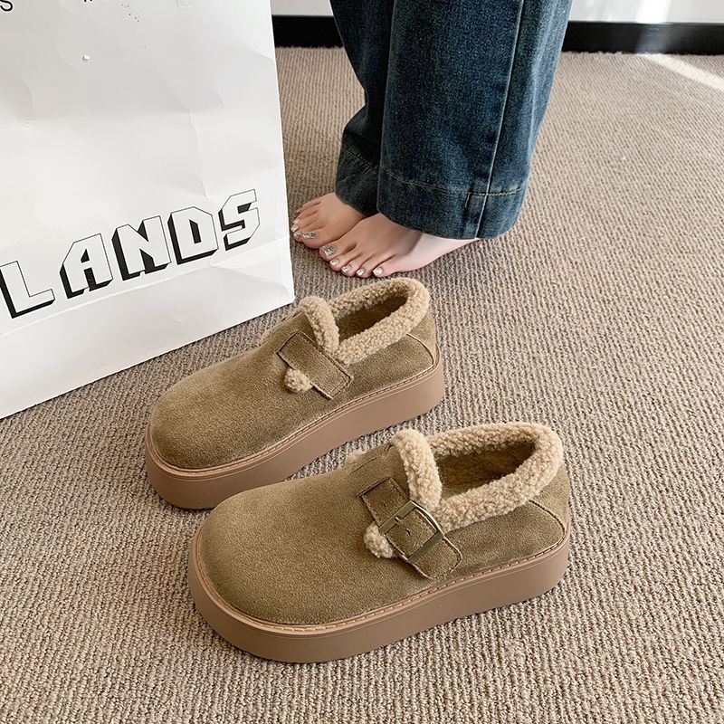 厚底皮带扣雪地靴女2025新款冬季加绒加厚保暖毛毛鞋套脚乐福棉鞋
