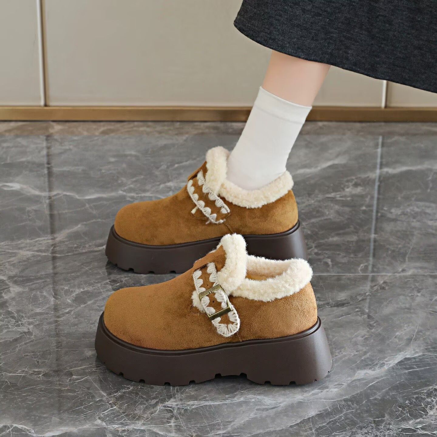加绒加厚勃肯鞋女款2025新款冬季厚底毛毛乐福棉鞋保暖雪地靴34码