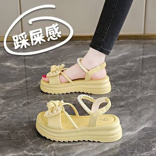 网红厚底凉鞋女夏2025新款仙女配裙子蝴蝶结珍珠防滑罗马鞋小码34