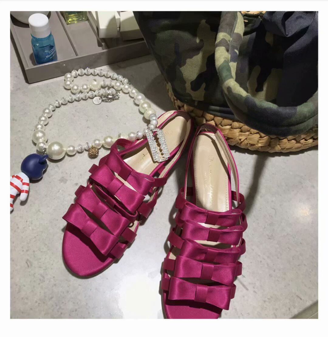 韩国模特hello鸡呀平底凉鞋网红同款绸缎蝴蝶结小金鞋低跟女凉鞋