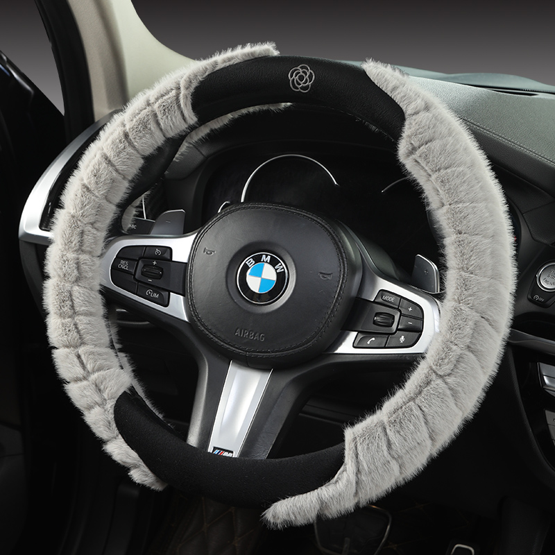 山茶花新款汽车方向盘套冬季短毛绒保护套女防滑可爱卡通汽车把套