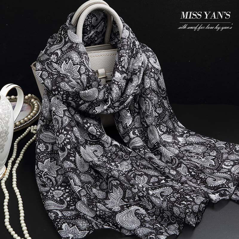 小腰果花卉印花真丝丝巾女桑蚕丝丝绸围巾杭州长款夏春秋冬季百搭