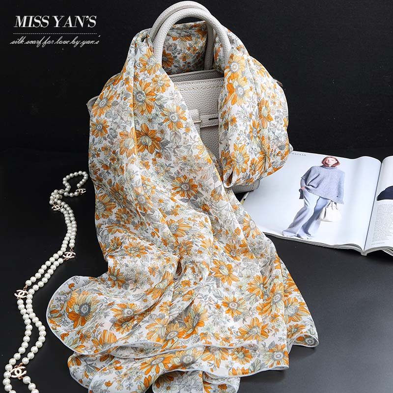 橘色雏菊印花真丝丝巾女桑蚕丝丝绸围巾披肩长款薄夏春秋冬季百搭