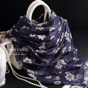 藏蓝雏菊 真丝丝巾女桑蚕丝丝绸围巾披肩长款夏春秋冬季杭州百搭