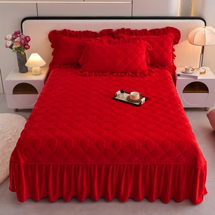 牛奶绒结婚床盖单件冬季加绒加厚喜庆大红色床单床裙榻榻米带裙边