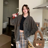 Pufouy慵懒风V领毛衣开衫 纯欲风貂毛纽扣针织衫 辣妹女上衣外套