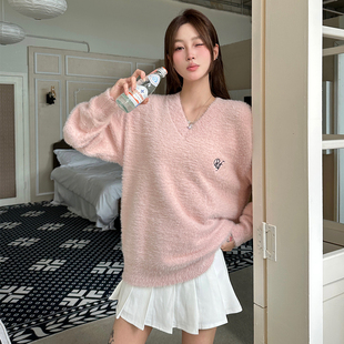 Pufouy美式 V领貂毛毛衣温柔纯欲风露肩仿貂绒针织上衣女辣妹慵懒