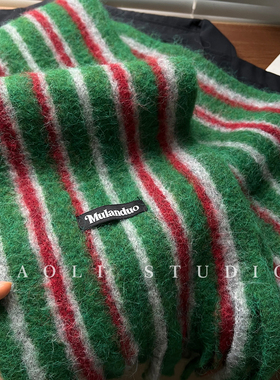 YAOLI杜松绿～韩系竖条纹拉毛流苏窄围巾女秋冬保暖防寒护颈围脖