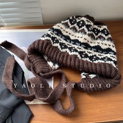 YAOLI~费尔岛风绑带毛线针织帽子女秋冬复古保暖护耳防寒套头帽