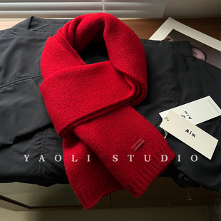 YAOLI圣诞红～100羊毛纯色皮标AIM针织围巾女秋冬保暖护颈围脖韩