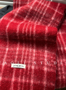 YAOLI吸睛又显白！红色格纹高级感拉毛围巾女秋冬保暖防寒围脖韩