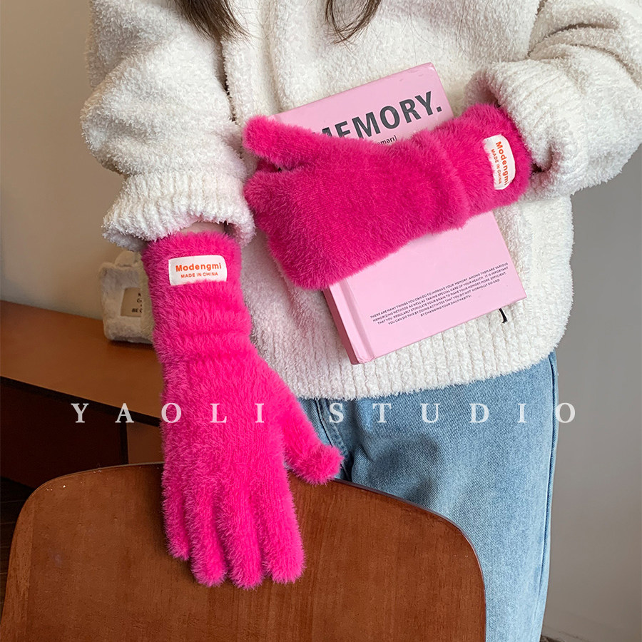 YAOLI漂亮玫红～毛绒绒露指可触屏手套女秋冬保暖防寒五指骑行韩