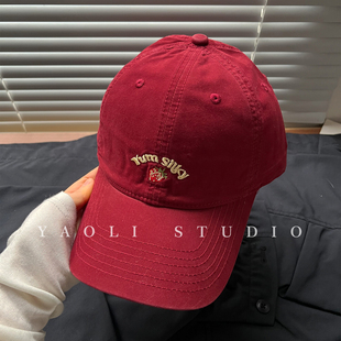 YAOLI美式复古草莓刺绣棒球帽子女韩系遮阳大头围显脸小鸭舌帽男