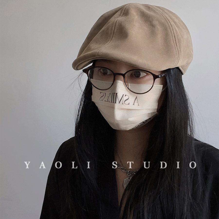 YAOLI~麂皮绒前进帽子女情侣秋冬复古大头围显脸小反戴贝雷帽韩