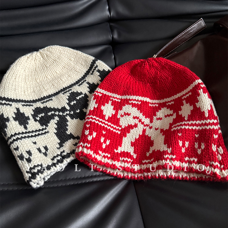 YAOLI蝴蝶结提花～美式复古针织套头帽子女秋冬保暖大头围冷帽男