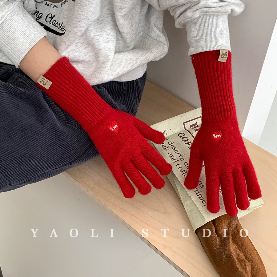 YAOLI新年红爱心刺绣～含羊毛露指可触屏手套秋冬保暖骑行防寒韩