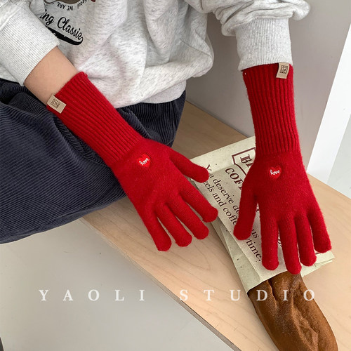 YAOLI新年红爱心刺绣～含羊毛露指可触屏手套秋冬保暖骑行防寒韩